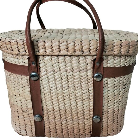 (#447) Vintage Straw Leather Trim Handbag - Picture 2 of 8